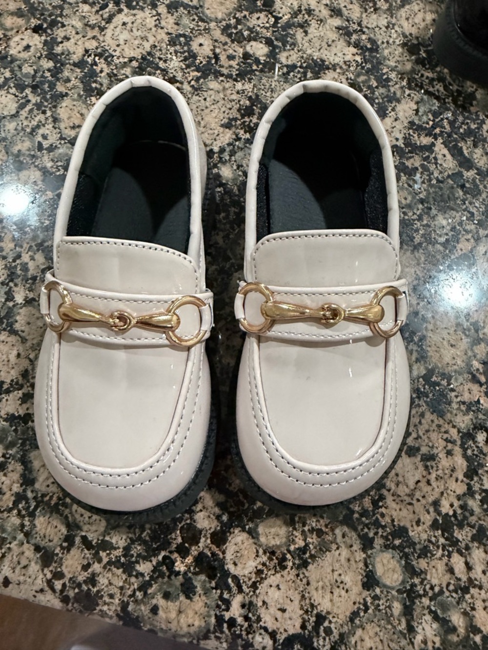 Girls White Patent Loafers with Gold Bit Accent
